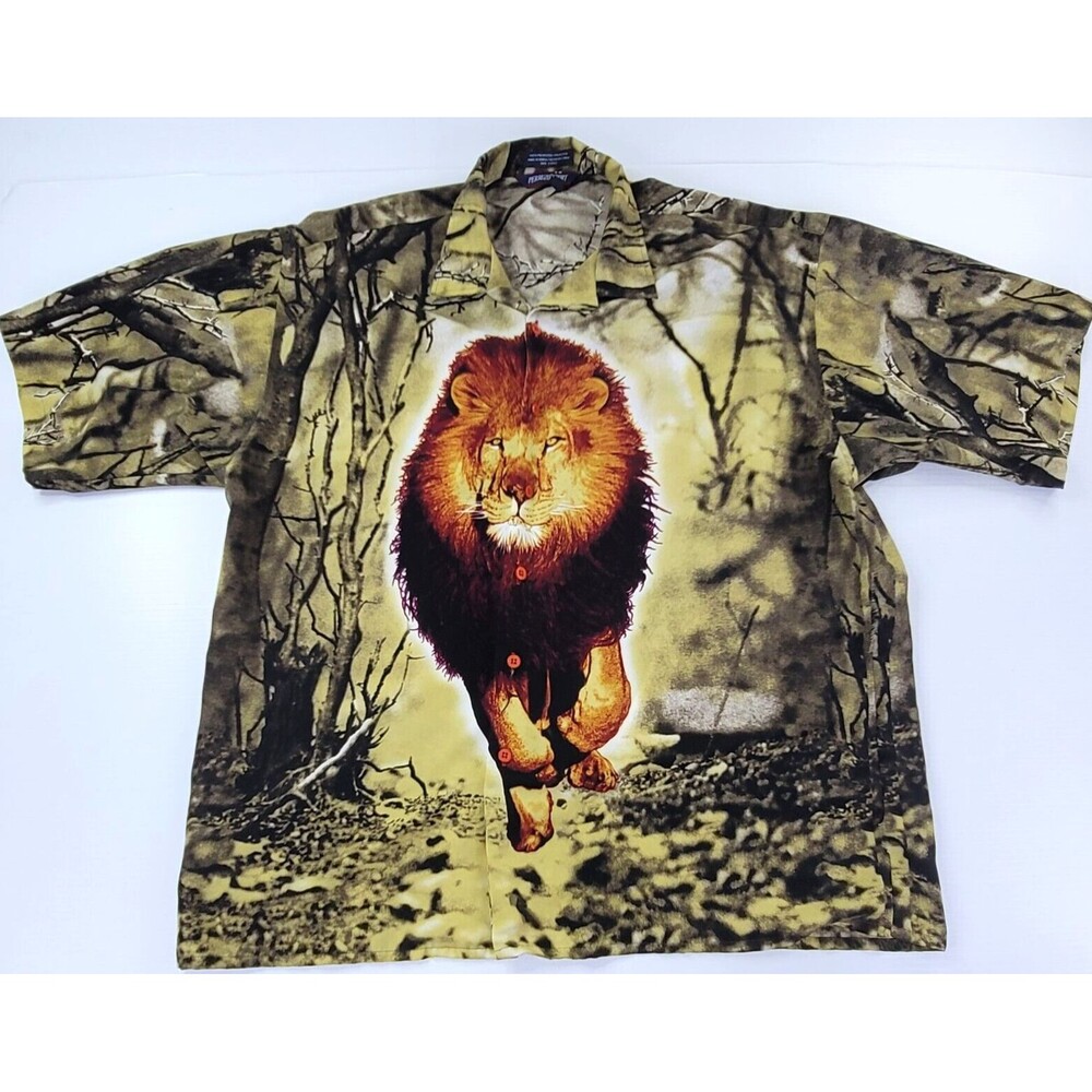 Perruzo Sport Shirt Mens XXL Short Sleeve Lion Big Print Button Up Vintage 90s